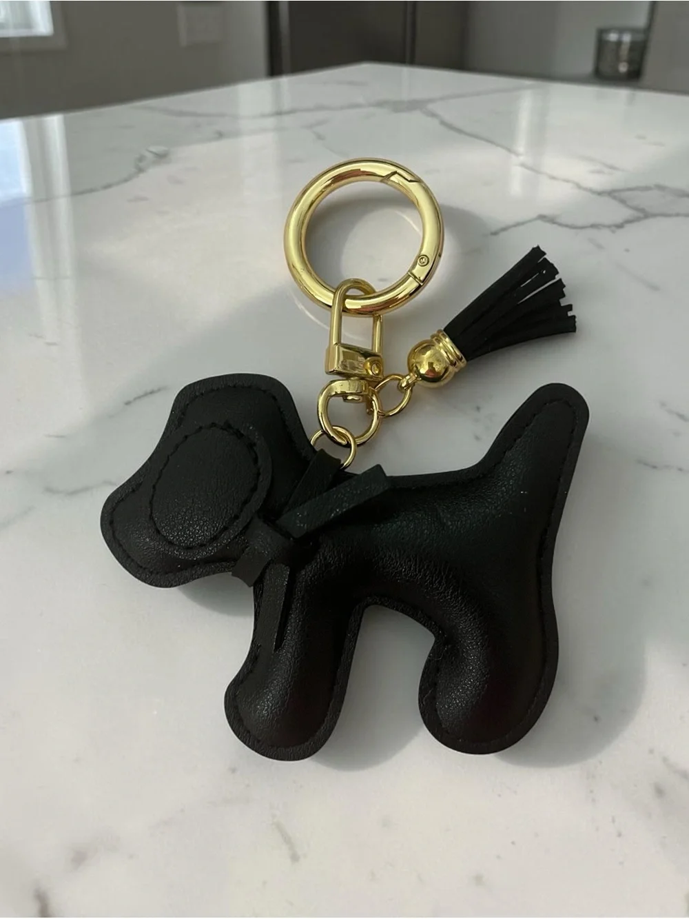 Black Dog Leather Keychain Charm with Gold Hardware